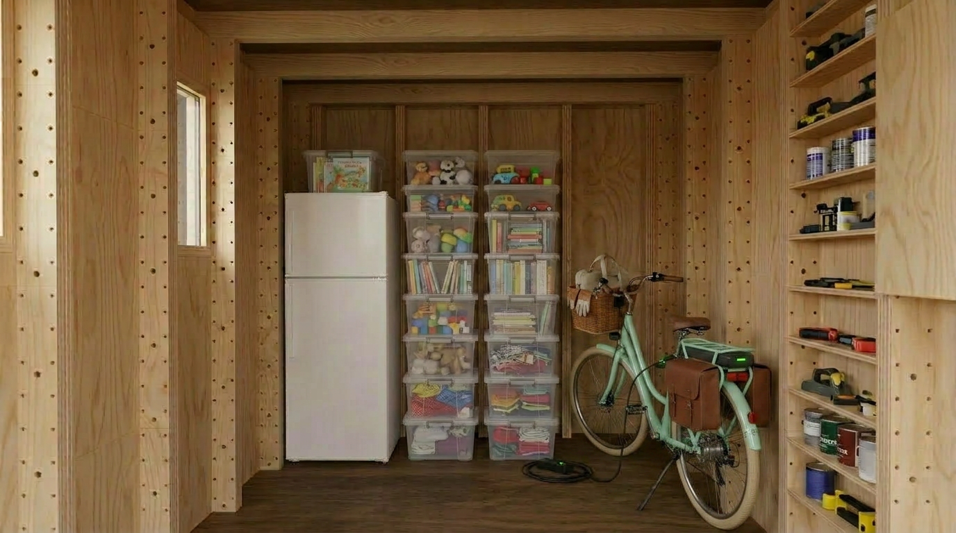 Geïsoleerde schuur interieur met elektrische fiets aan de oplader en koelkast